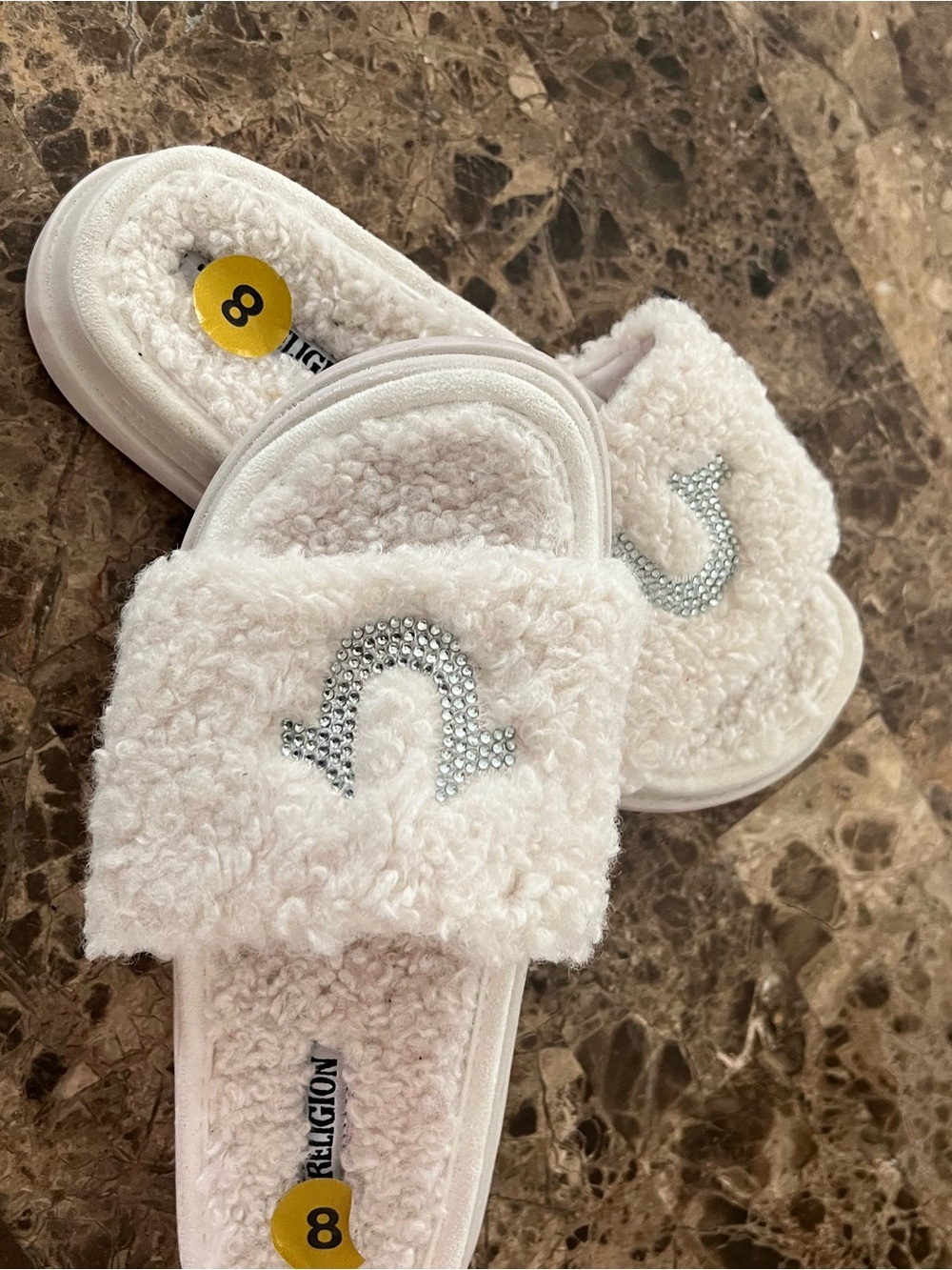 True Religion Cream Sherpa Slide Slippers with Crystal Logo